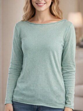 Eileen Fisher 100% Line Pale Green Boatneck Lightweigh Sweater XS/TP Classic
